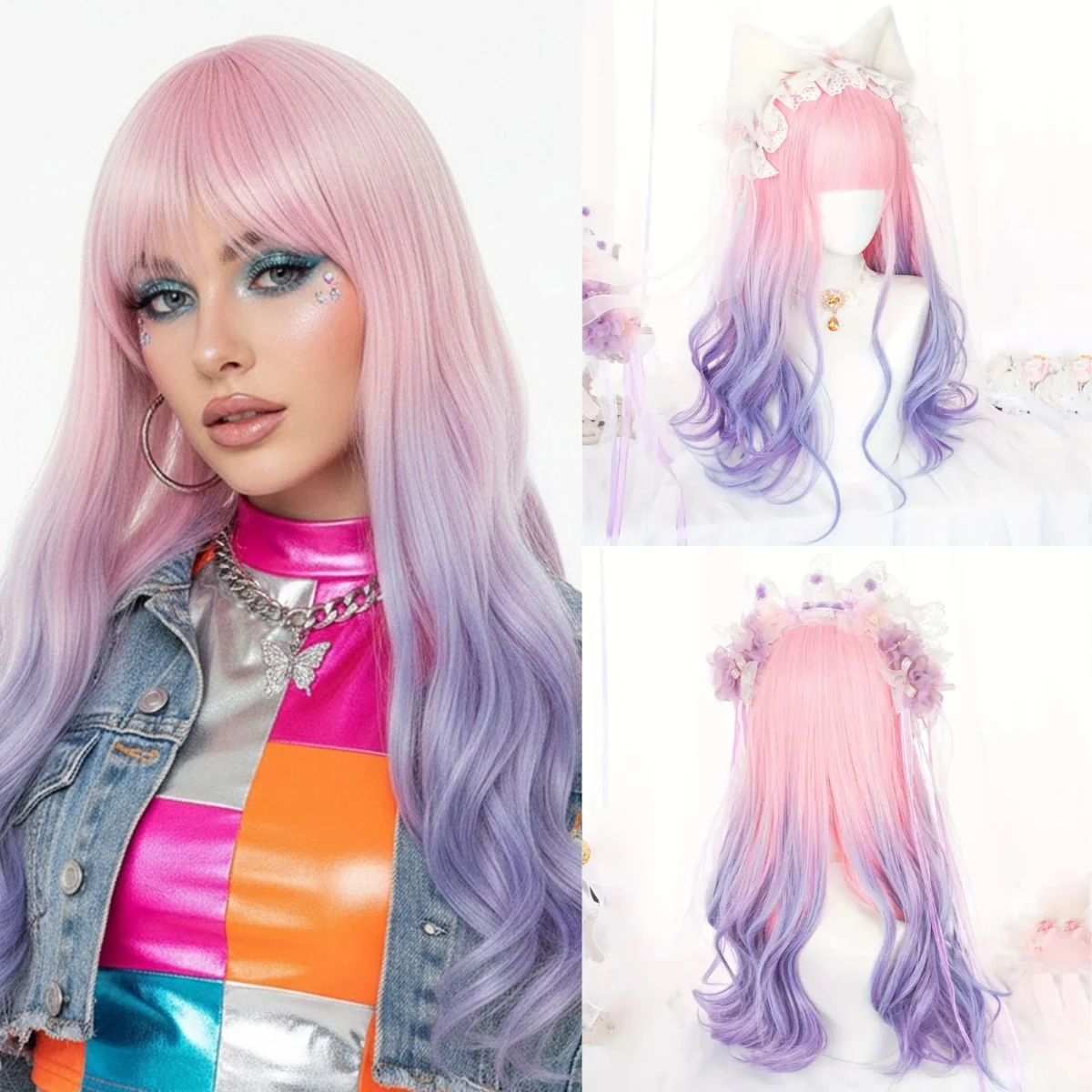 Long Wavy Synthetic Pink Purple Ombre Lolita Cosplay Wig With Bangs For Women Daily Party Heat Resistant Fiber
Long Wavy Synthetic Pink Purple Ombre Lolita Cosplay Wig With Bangs For Women Daily Party Heat Resistant Fiber