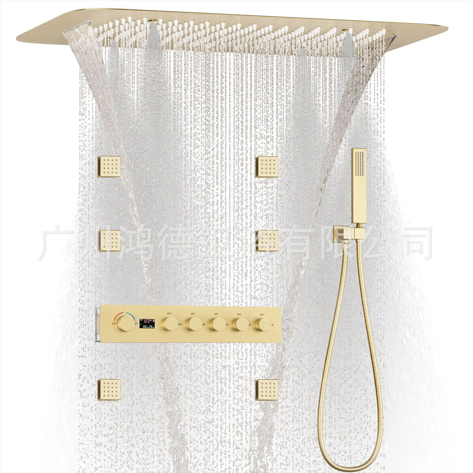Brushed gold five-function brass concealed shower set Shower shower set into the wall
Brushed gold five-function brass concealed shower set Shower shower set into the wall