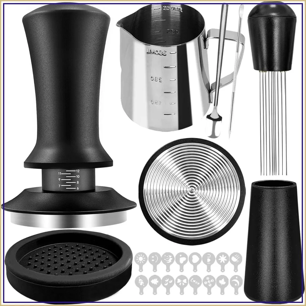 22 PCS Coffee Tamper Set, Espresso Accessories Kit with 51mm Tamper, WDT Tool, Frothing Pitcher, Stirrer, Latte Art Pen, Mat, 16 Stencils
22 PCS Coffee Tamper Set, Espresso Accessories Kit with 51mm Tamper, WDT Tool, Frothing Pitcher, Stirrer, Latte Art Pen, Mat, 16 Stencils