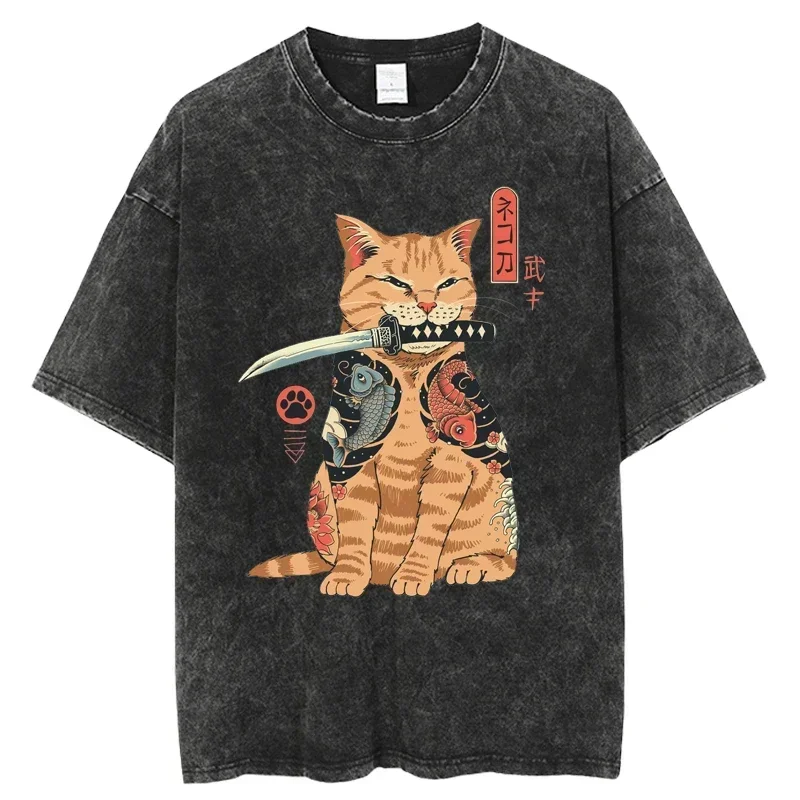 Vintage Washed T-shirt Men Casual Cotton Short Sleeve Samurai Cat Print Anime Tshirt Japanese Neko Sushi Wave Tops Oversize Tees
Vintage Washed T-shirt Men Casual Cotton Short Sleeve Samurai Cat Print Anime Tshirt Japanese Neko Sushi Wave Tops Oversize Tees