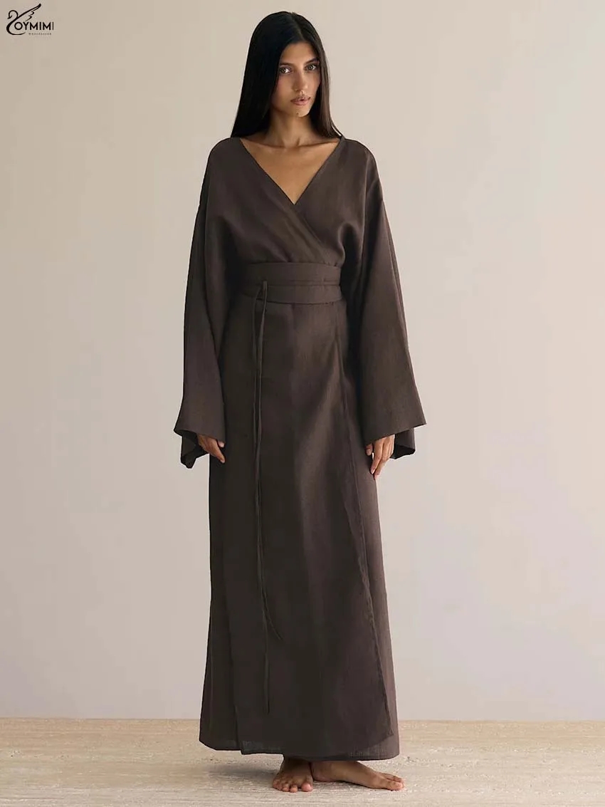 Oymimi Fashion Borwn Cotton Women's Dress Elegant V-Neck Long Sleeve Lace-Up Dresses Casual New Side Slit Ankle-Length Dresses 
Oymimi Fashion Borwn Cotton Women's Dress Elegant V-Neck Long Sleeve Lace-Up Dresses Casual New Side Slit Ankle-Length Dresses