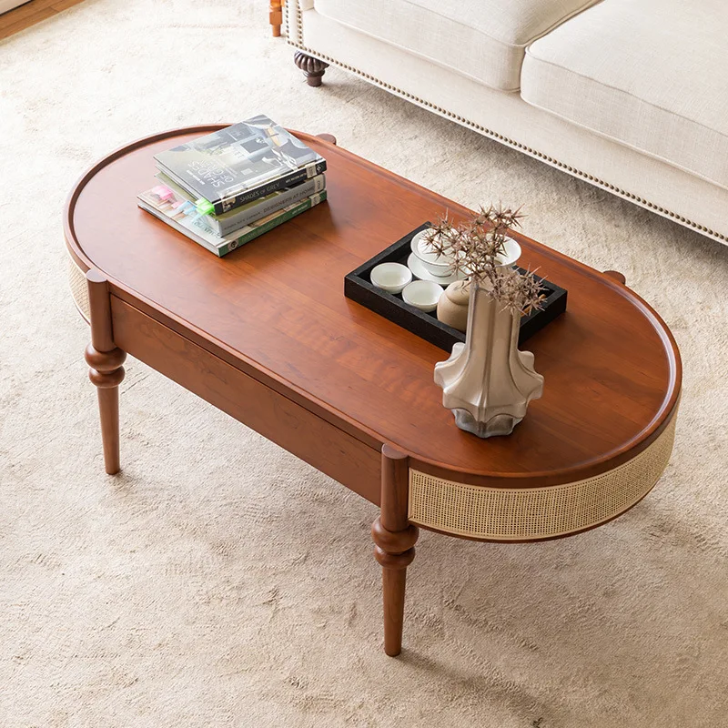 American retro oval solid wood rattan coffee table, drawer storage, small apartment, quiet living room, low table 
American retro oval solid wood rattan coffee table, drawer storage, small apartment, quiet living room, low table