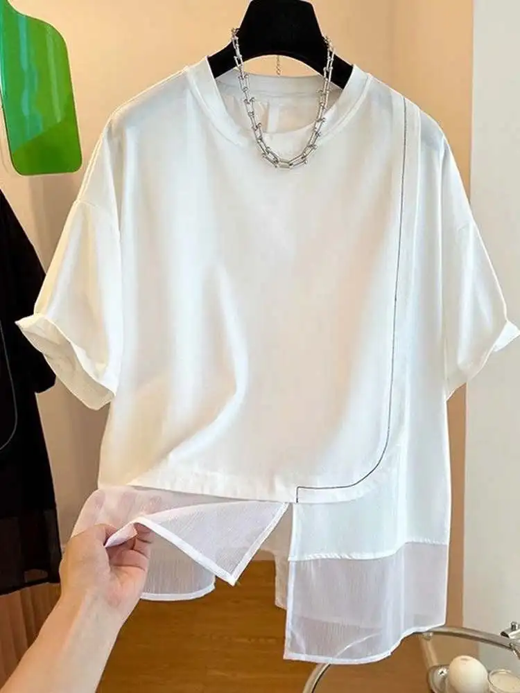 plus Size Women's T-Shirt Summer Thin Loose Splicing Asymmetric Short Sleeve round Neck Basic Color Commute Style Top
plus Size Women's T-Shirt Summer Thin Loose Splicing Asymmetric Short Sleeve round Neck Basic Color Commute Style Top