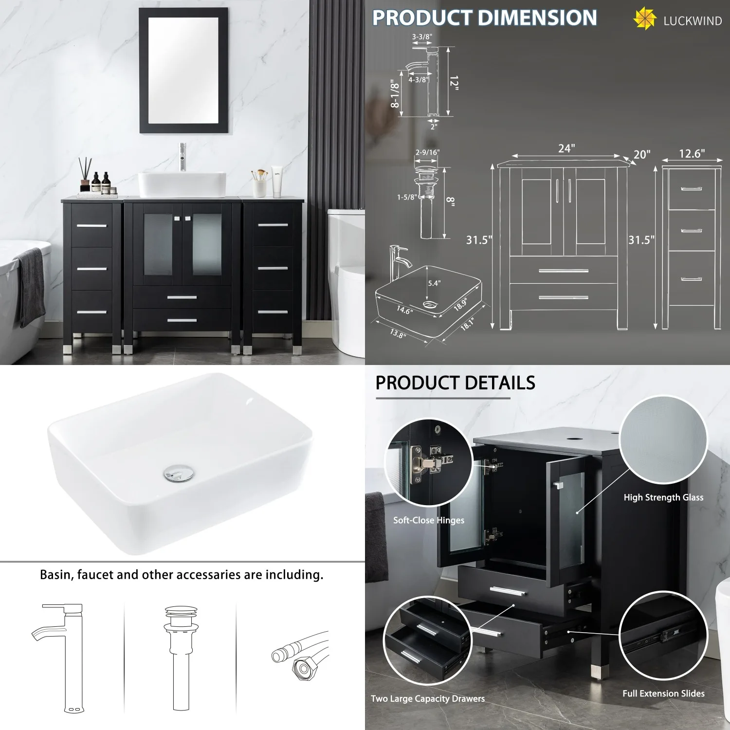 48in Black Bathroom Vanity Combo Double Side Cabinets White Rectangle Sink Faucet No Mirror, Customized
48in Black Bathroom Vanity Combo Double Side Cabinets White Rectangle Sink Faucet No Mirror, Customized