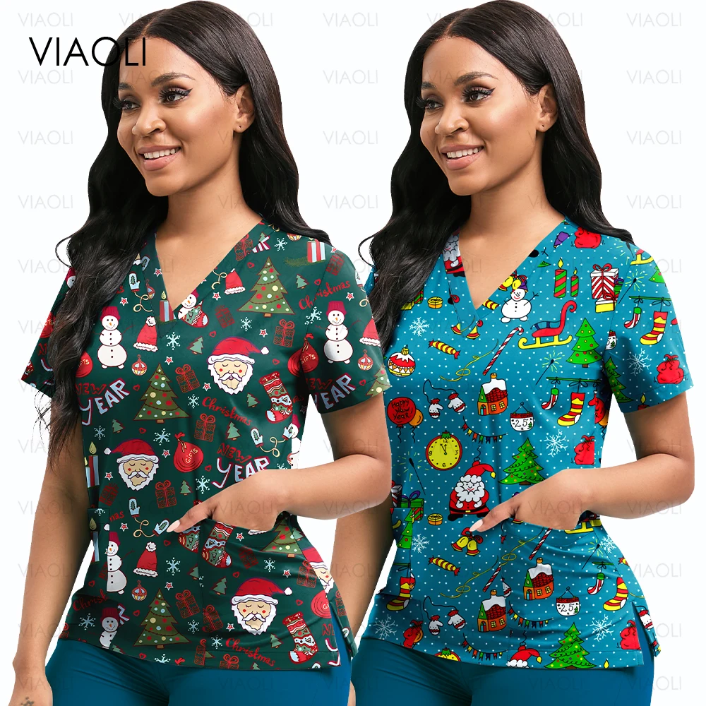 Ladies' versatile V-neck Pocket T-shirt Medical Scrub Blouse Christmas series Santa Claus reindeer 3D printed Nurse Uniform Tops
Ladies' versatile V-neck Pocket T-shirt Medical Scrub Blouse Christmas series Santa Claus reindeer 3D printed Nurse Uniform Tops