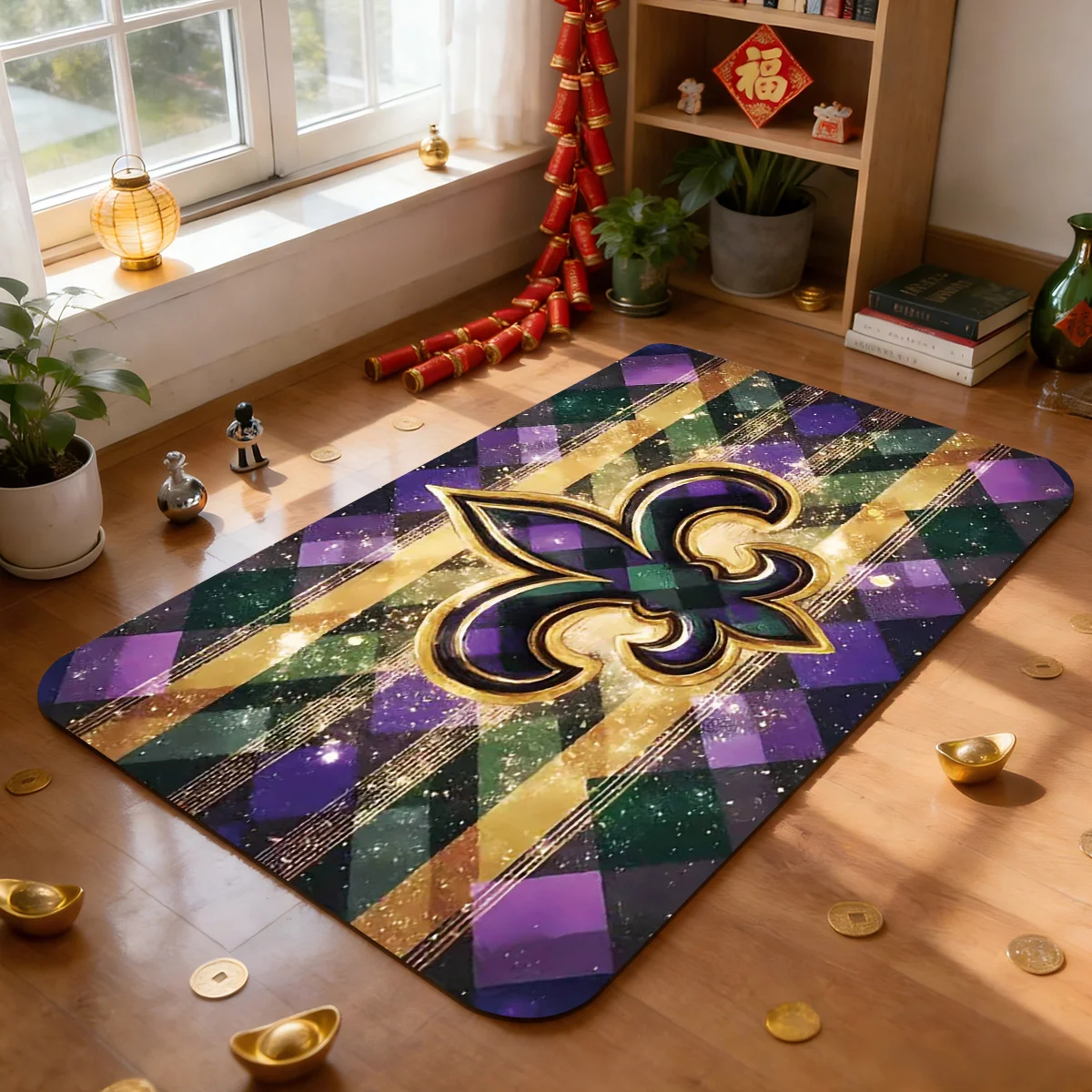 Золотой коврик для прихожей с узором Fleur de Lis – элегантный узор аргайл в фиолетово-золотых тонах для прихожей, гостиной и спальни.
Золотой коврик для прихожей с узором Fleur de Lis – элегантный узор аргайл в фиолетово-золотых тонах для прихожей, гостиной и спальни.