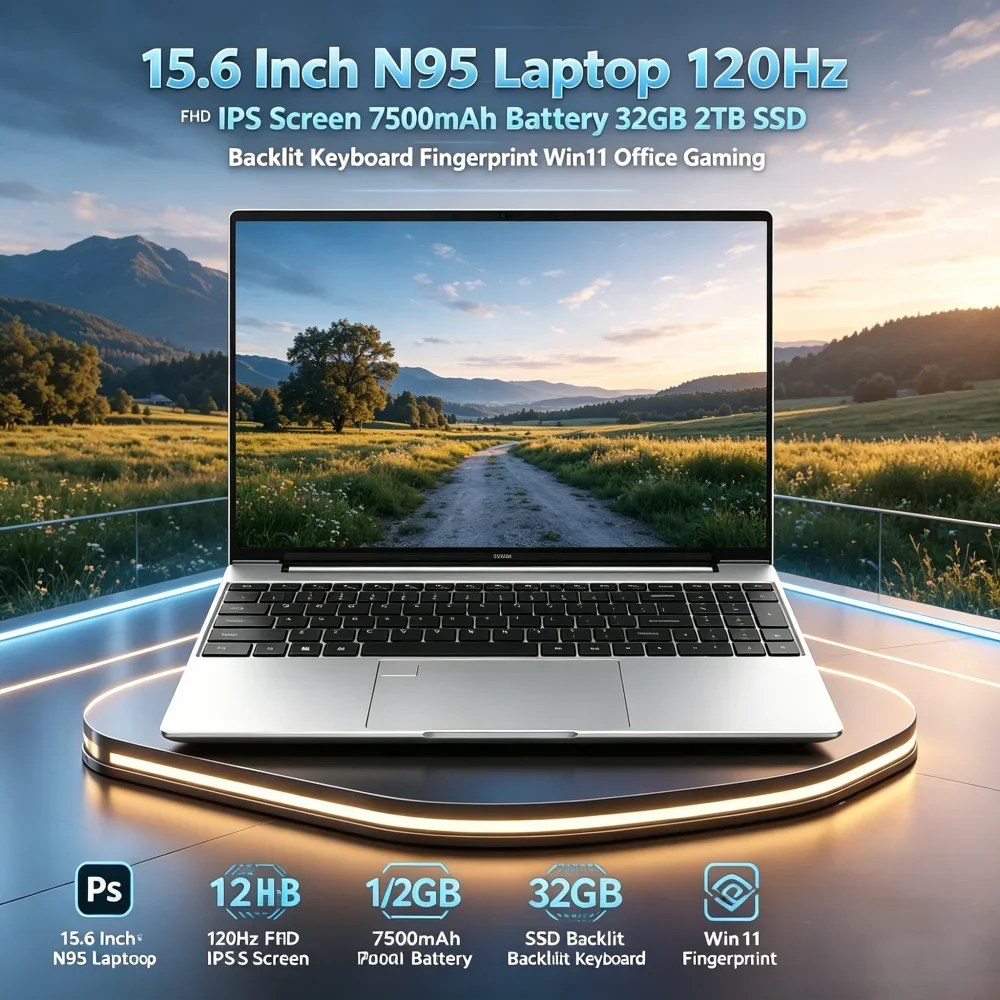 15.6" N95 Laptop 120Hz FHD IPS 7500mAh 32GB RAM 2TB SSD Backlit Keyboard Fingerprint Win11 Office Gaming Notebook
15.6" N95 Laptop 120Hz FHD IPS 7500mAh 32GB RAM 2TB SSD Backlit Keyboard Fingerprint Win11 Office Gaming Notebook