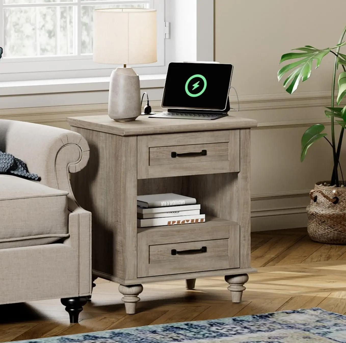 Farmhouse End Table Nightstand With Charging Station, Small Side Table With 2 Drawers & Shelf For Living Room,, Customized
Farmhouse End Table Nightstand With Charging Station, Small Side Table With 2 Drawers & Shelf For Living Room,, Customized