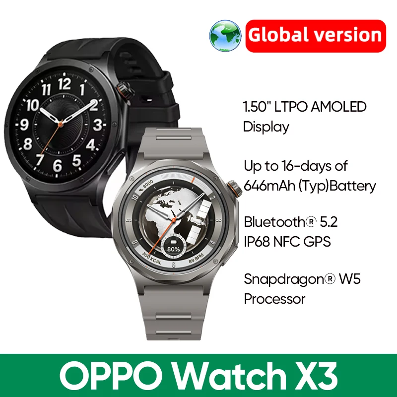 Global Version OPPO Watch X3 Smart Watch 1.50" LTPO AMOLED Display Ultra-Light Titanium Alloy Case 16-day Battery Life NFC IP68
Global Version OPPO Watch X3 Smart Watch 1.50" LTPO AMOLED Display Ultra-Light Titanium Alloy Case 16-day Battery Life NFC IP68
