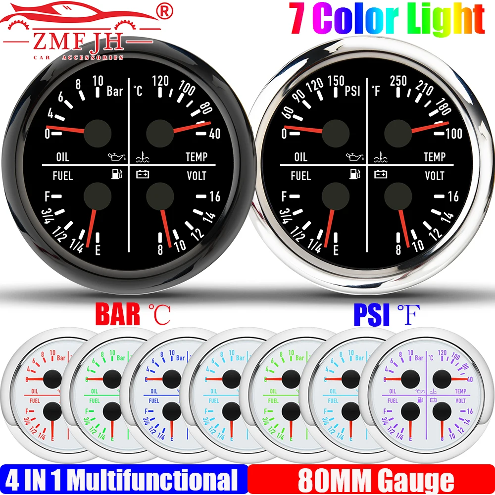 ZMFJH Auto Car Boat Multifunctional 80MM Gauge 10BAR,150PSI Oil Pressure+Water Temperature+Fuel Level Gauge+Voltage 7 Color LED
ZMFJH Auto Car Boat Multifunctional 80MM Gauge 10BAR,150PSI Oil Pressure+Water Temperature+Fuel Level Gauge+Voltage 7 Color LED