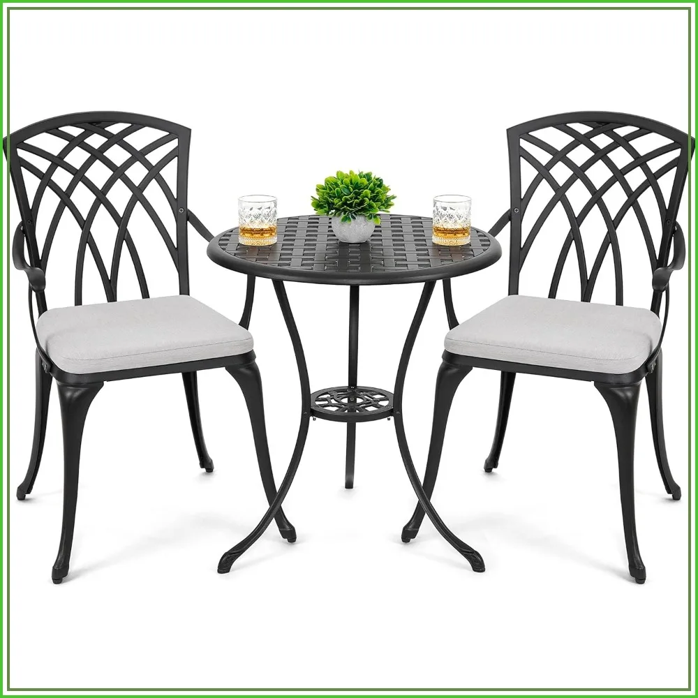 3 Piece Outdoor Cast Aluminum Bistro Set with Umbrella Hole, Gray Cushions, Black
3 Piece Outdoor Cast Aluminum Bistro Set with Umbrella Hole, Gray Cushions, Black