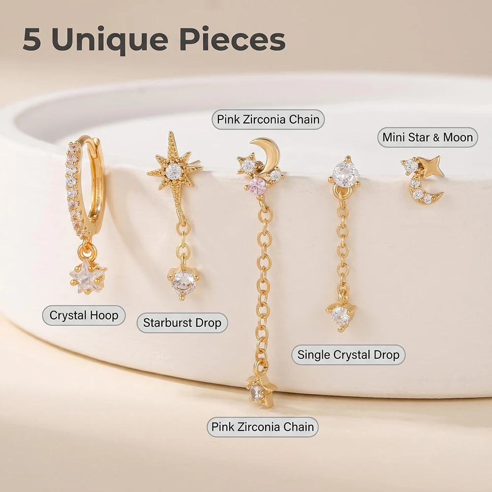 Exquisite Gold Plated Star Moon Earrings Set 5Pcs Cubic Zirconia Stud Chain Hoop Drop Earrings Stack Piercing Jewelry for Gift
Exquisite Gold Plated Star Moon Earrings Set 5Pcs Cubic Zirconia Stud Chain Hoop Drop Earrings Stack Piercing Jewelry for Gift