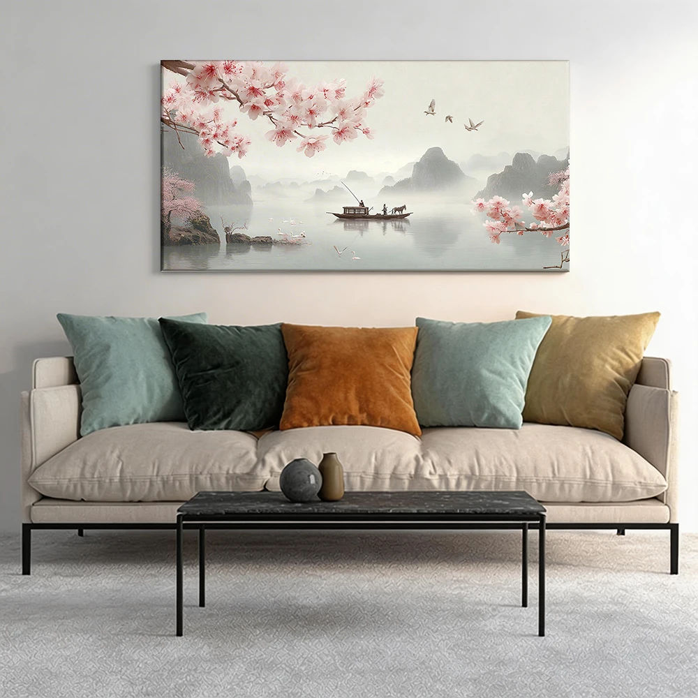 Large-sized solid wood frame canvas painting 1pc Boat on lake, pink blossoms.
Large-sized solid wood frame canvas painting 1pc Boat on lake, pink blossoms.
