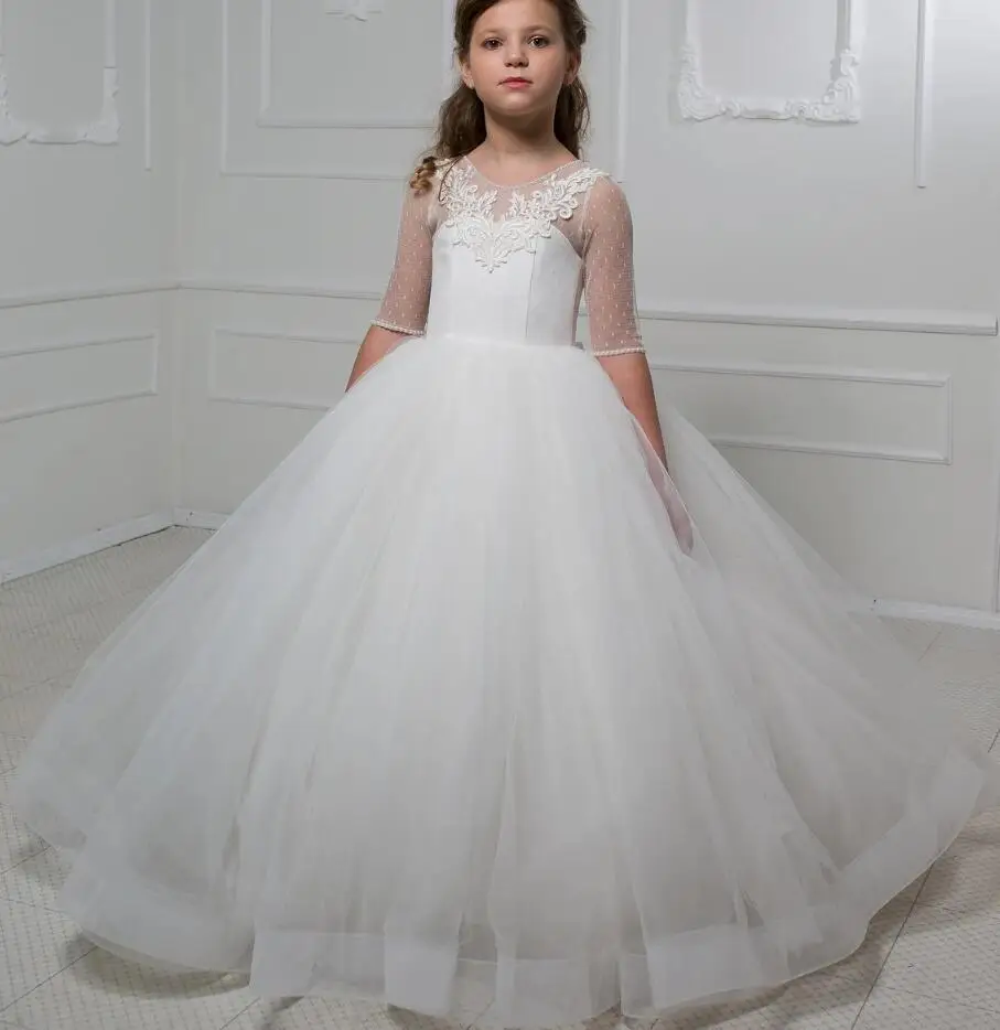 White Elegant Flower Girl Dress Half Sleeves O Neck Tulle for Wedding Bow Ball Gown Birthday Party Pageant First Communion Dress
White Elegant Flower Girl Dress Half Sleeves O Neck Tulle for Wedding Bow Ball Gown Birthday Party Pageant First Communion Dress