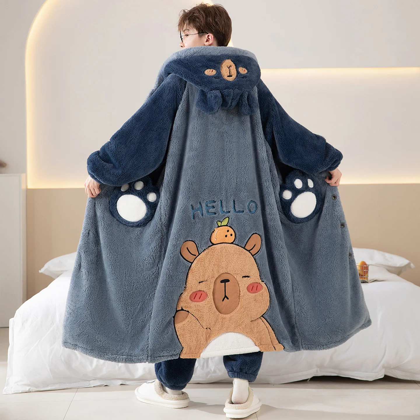 Capybara Men's Hooded Robe Pants Set Thick Warm Fluffy Plush Bathrobe Winter Soft Flannel Sleepwear Loungewear Cartoon Pajamas
Capybara Men's Hooded Robe Pants Set Thick Warm Fluffy Plush Bathrobe Winter Soft Flannel Sleepwear Loungewear Cartoon Pajamas