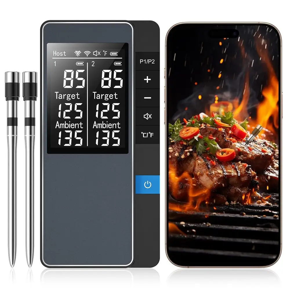 Bluetooth Wireless Meat Thermometer, Real-Time Temperature Monitoring with App Control, 2 Probes, Waterproof, Ideal for Cooking
Bluetooth Wireless Meat Thermometer, Real-Time Temperature Monitoring with App Control, 2 Probes, Waterproof, Ideal for Cooking