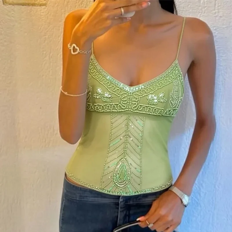 Sequin Beaded Y2K Mesh Sexy Camisole Women Spaghetti Strap V Neck See Through Slim Tank Top Elegant Vacation Party Club Outfits
Sequin Beaded Y2K Mesh Sexy Camisole Women Spaghetti Strap V Neck See Through Slim Tank Top Elegant Vacation Party Club Outfits