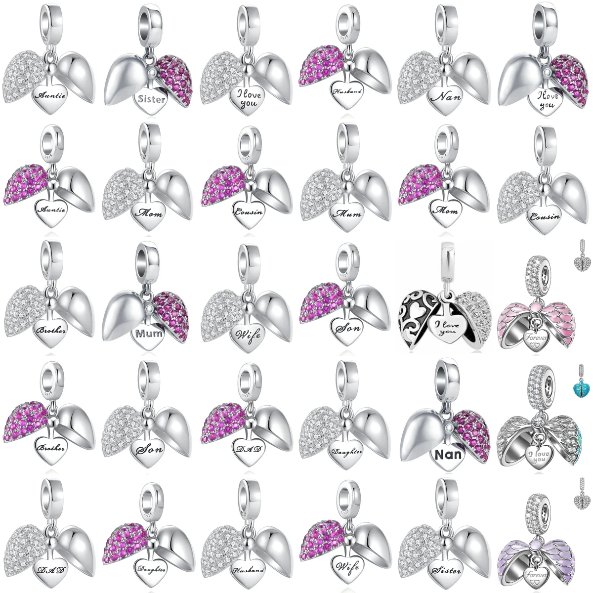 S925 Silver Winged Heart Dangle Charms Sister Mum Dad Wife Son Nan Cousin I Love You Pendant DIY Family Love Jewelry Gift
S925 Silver Winged Heart Dangle Charms Sister Mum Dad Wife Son Nan Cousin I Love You Pendant DIY Family Love Jewelry Gift