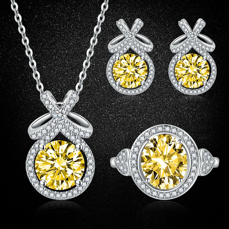 S925 Sterling Silver Yellow Zircon Bow‑Knot Jewelry Set, Fashion Women's Pendant Necklace Stud Earrings & Ring
S925 Sterling Silver Yellow Zircon Bow‑Knot Jewelry Set, Fashion Women's Pendant Necklace Stud Earrings & Ring