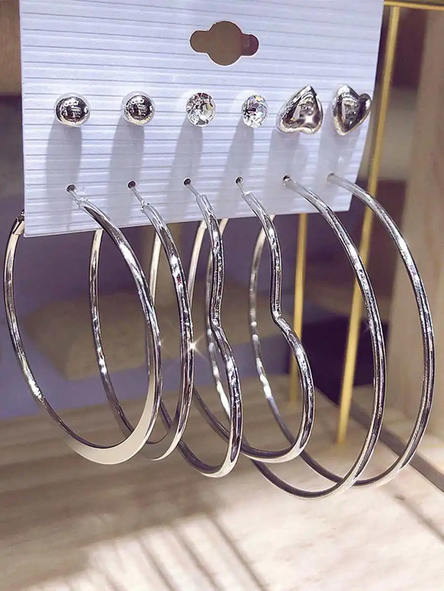 6 Pairs Fashion Hoop And Stud Earrings Set With Heart And Crystal Decor
6 Pairs Fashion Hoop And Stud Earrings Set With Heart And Crystal Decor