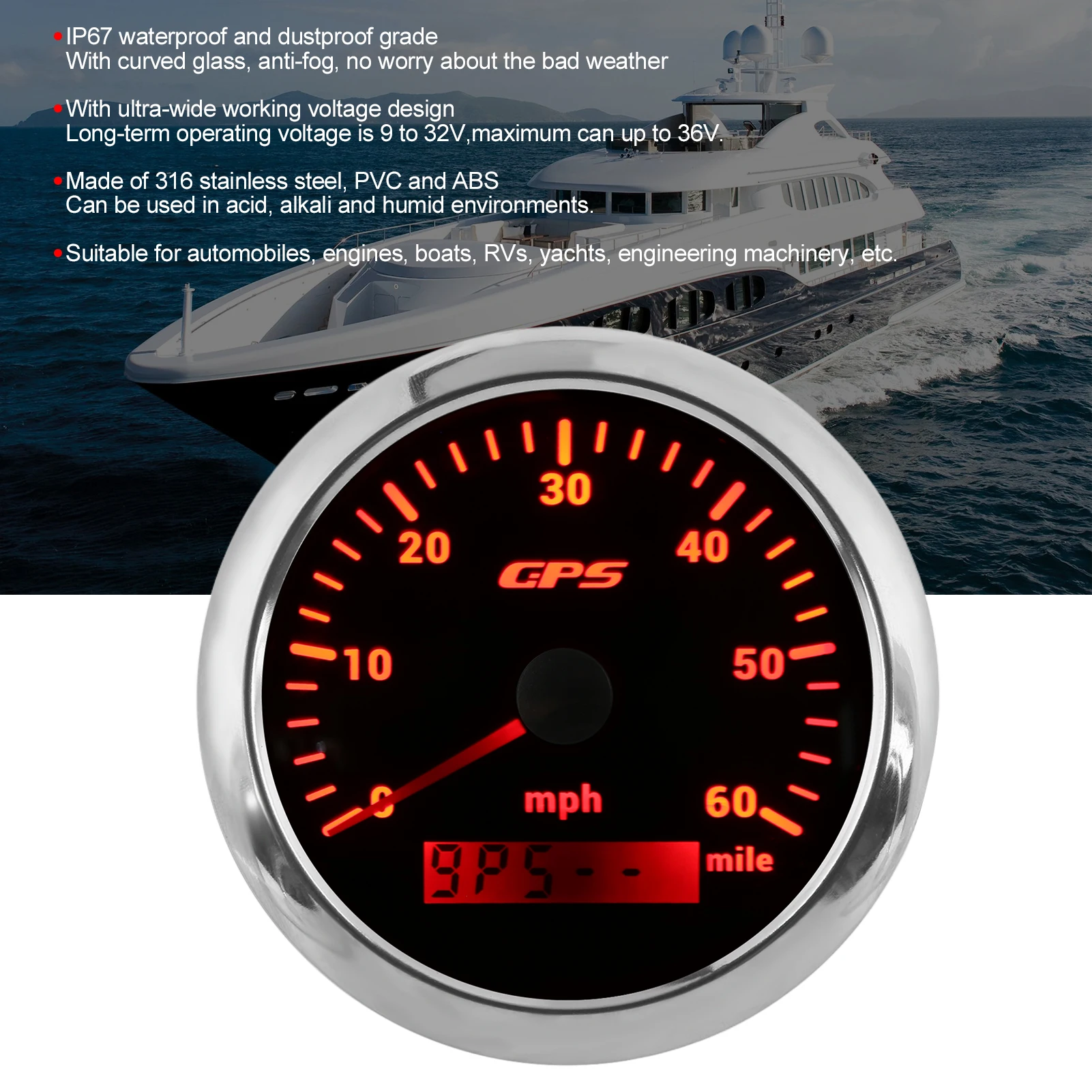 85mm/3.35in GPS Speedometer Gauge 0-60MPH/H LCD Display with Adjustable Backlight for RVs Boats 9‑32V DC
85mm/3.35in GPS Speedometer Gauge 0-60MPH/H LCD Display with Adjustable Backlight for RVs Boats 9‑32V DC