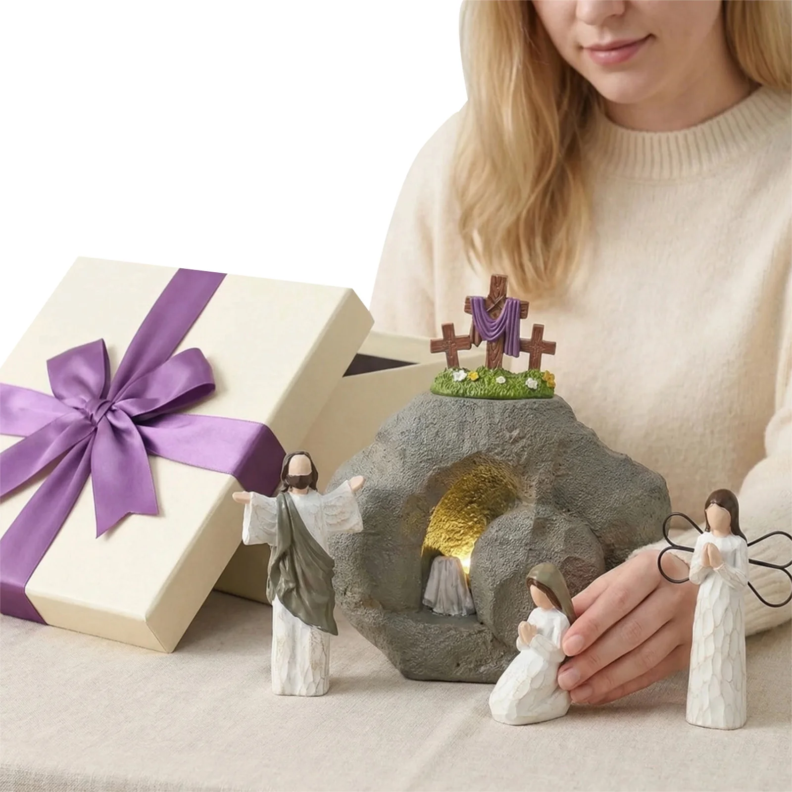 Christian Easter Decor Little Jesus Figures Easter Resurrection Scene Set with Cross for Indoor Holiday Home Tabletop Ornaments
Christian Easter Decor Little Jesus Figures Easter Resurrection Scene Set with Cross for Indoor Holiday Home Tabletop Ornaments