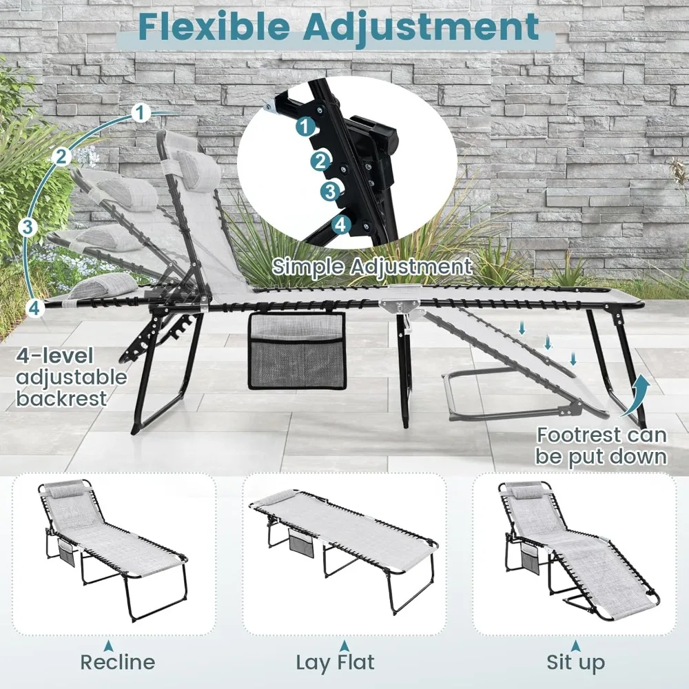 Beach Lounge Chair Outdoor, Folding Tanning Sunbath Chair with 4 Backrest Positions, 2 Leg Positions, Pillow, Customized
Beach Lounge Chair Outdoor, Folding Tanning Sunbath Chair with 4 Backrest Positions, 2 Leg Positions, Pillow, Customized
