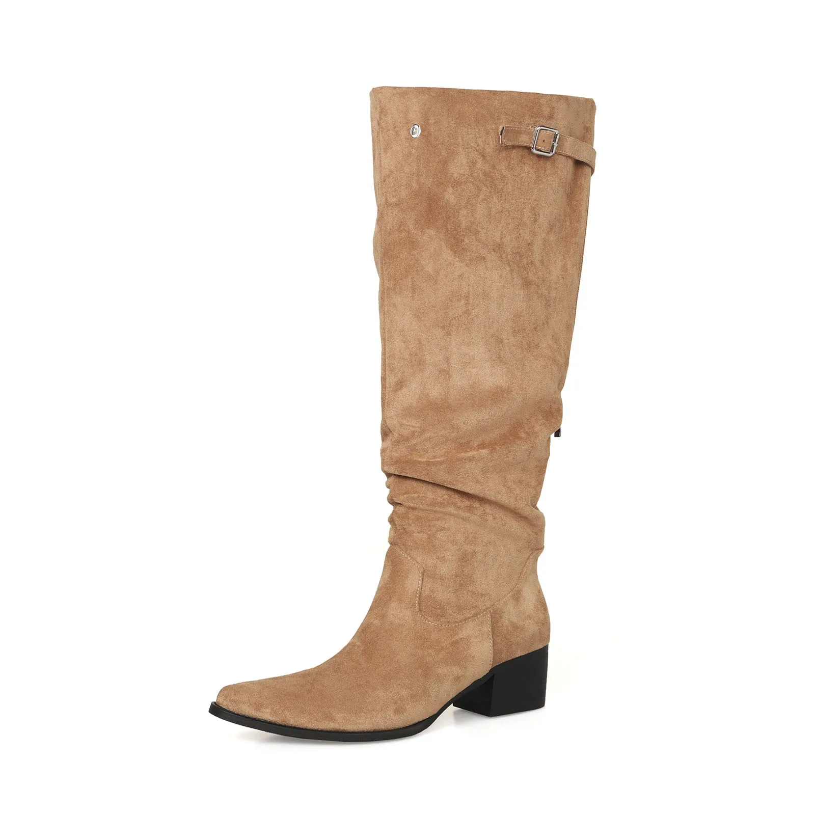 Arden Furtado 2025 Autumn suede Large tubular boots Square toe Pleated Pull-on Middle heel Belt buckle Knee high boots 
Arden Furtado 2025 Autumn suede Large tubular boots Square toe Pleated Pull-on Middle heel Belt buckle Knee high boots
