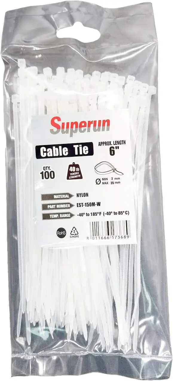 Clear Zip Ties 6 Inch, 40 Lbs Tensile Strength Wire Ties for Cables and Plants, Pack of 100 White
Clear Zip Ties 6 Inch, 40 Lbs Tensile Strength Wire Ties for Cables and Plants, Pack of 100 White