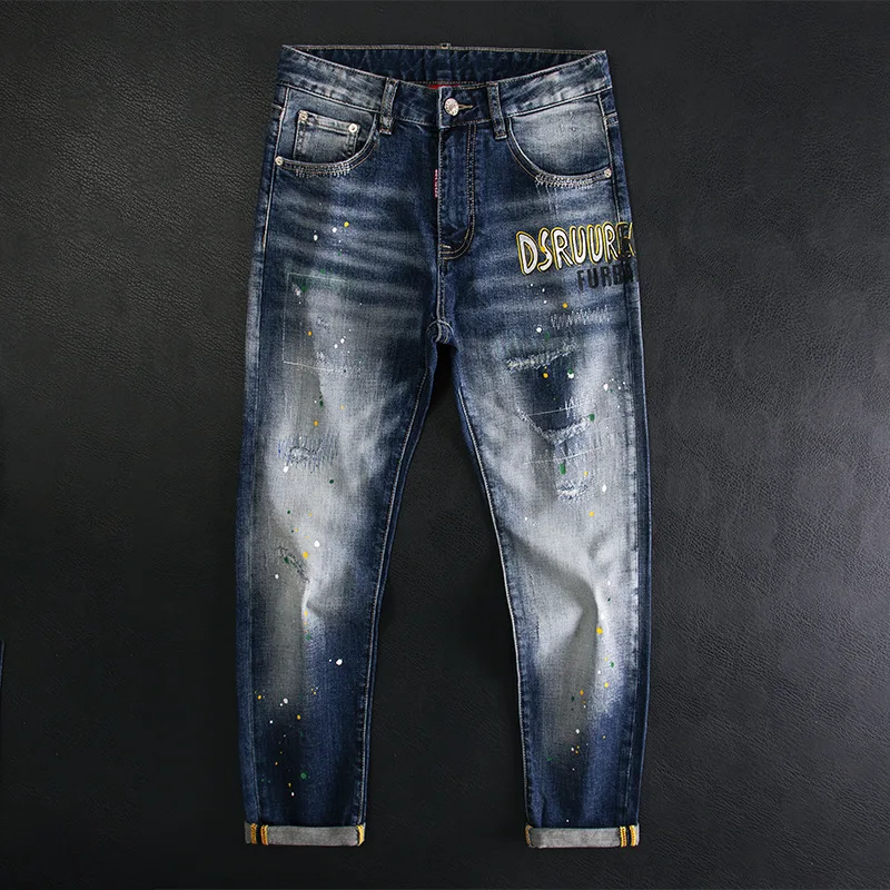 Broken hole splashed paint letter printed jeans for men's high street fashion brand slim fit small straight leg elastic pants
Broken hole splashed paint letter printed jeans for men's high street fashion brand slim fit small straight leg elastic pants