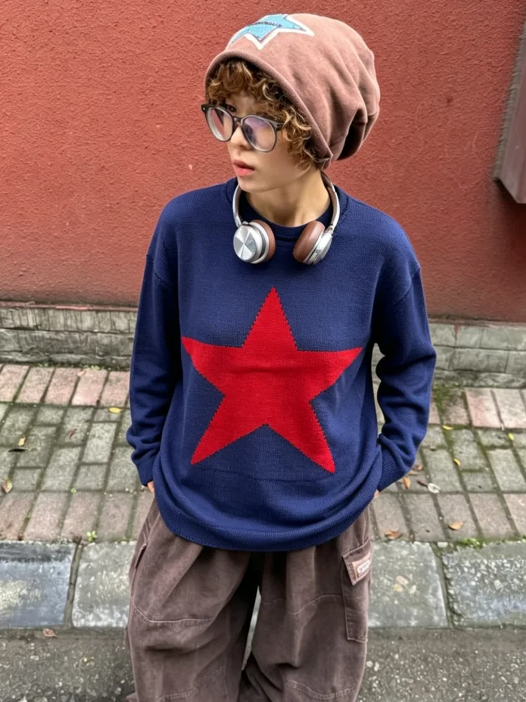 Simple Color Block Big Five Point Star Jacquard Crew Neck Knit Base Top Klein Blue Casual Loose Shirt
Simple Color Block Big Five Point Star Jacquard Crew Neck Knit Base Top Klein Blue Casual Loose Shirt