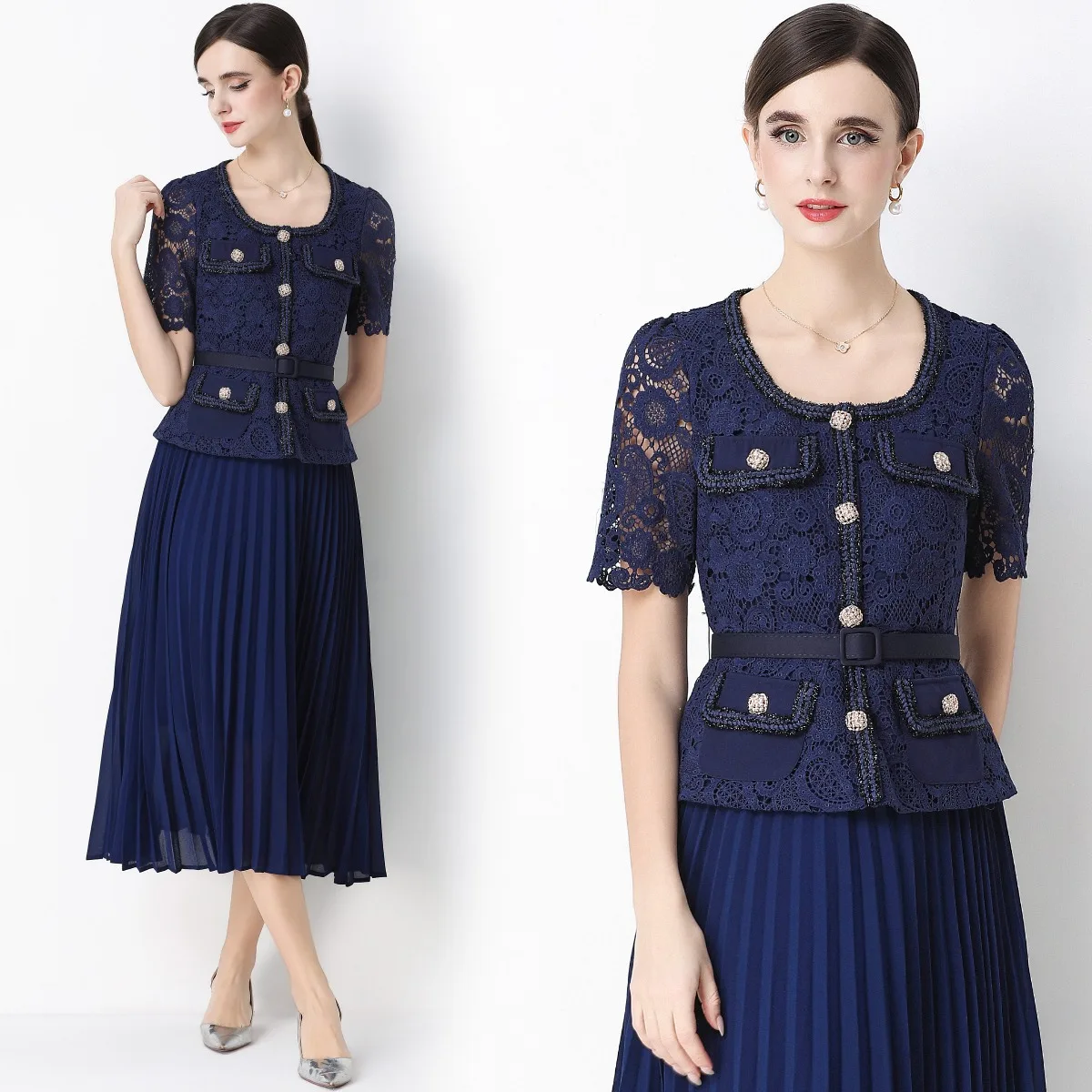 Elegant High Waist Short Sleeve Lace Pleated Skirt Dress Fake Two-Piece Square Collar Dress City Commute Suitable Midi Dress
Elegant High Waist Short Sleeve Lace Pleated Skirt Dress Fake Two-Piece Square Collar Dress City Commute Suitable Midi Dress