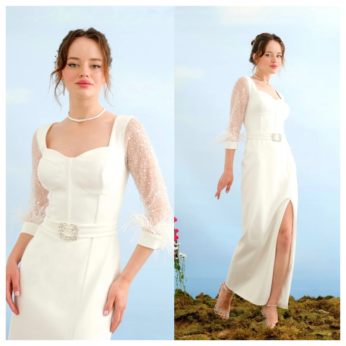 Customized Delicate White Satin Evening Dress Square Collar 3/4 Sleeves Celebrity Gowns Belt Bespoke Occasion Gowns L
Customized Delicate White Satin Evening Dress Square Collar 3/4 Sleeves Celebrity Gowns Belt Bespoke Occasion Gowns L