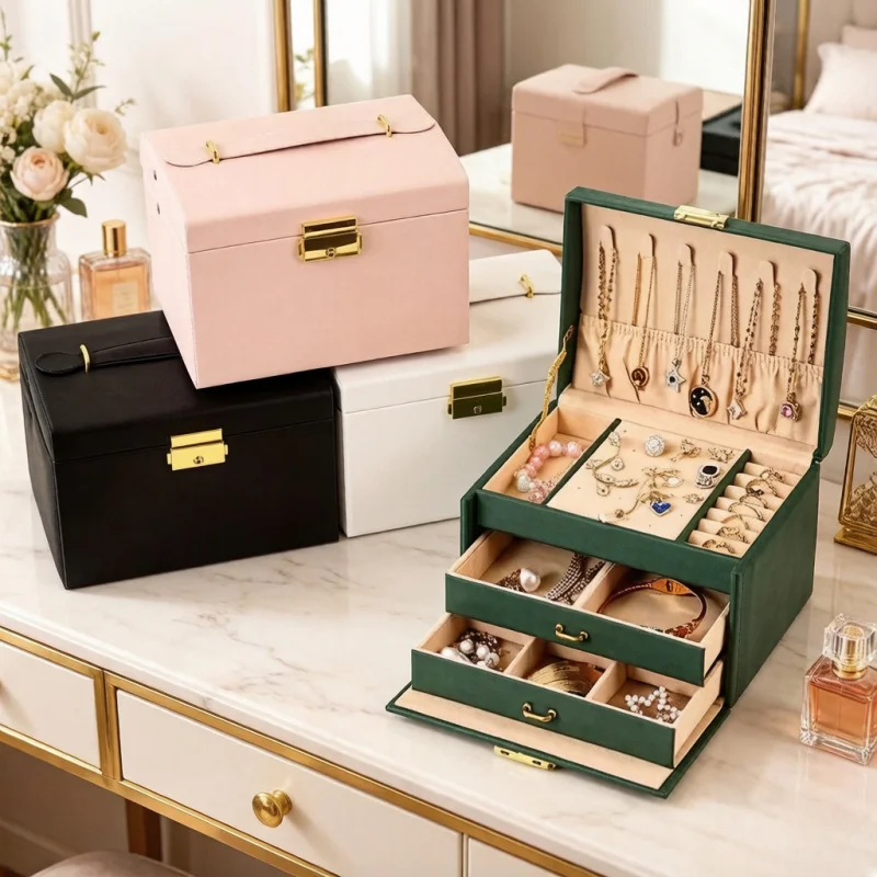 Three-Drawer Handheld Jewelry Box, PU Leather Display Case for Earring Ring Necklace with Security Key Lock
Three-Drawer Handheld Jewelry Box, PU Leather Display Case for Earring Ring Necklace with Security Key Lock