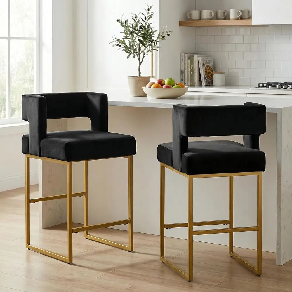 Pair of 26 Counter Height Bar Stools with Velvet Upholstery, Metal Legs, Back and Armrests for Kitchen Island or Home Bar in Bla
Pair of 26 Counter Height Bar Stools with Velvet Upholstery, Metal Legs, Back and Armrests for Kitchen Island or Home Bar in Bla