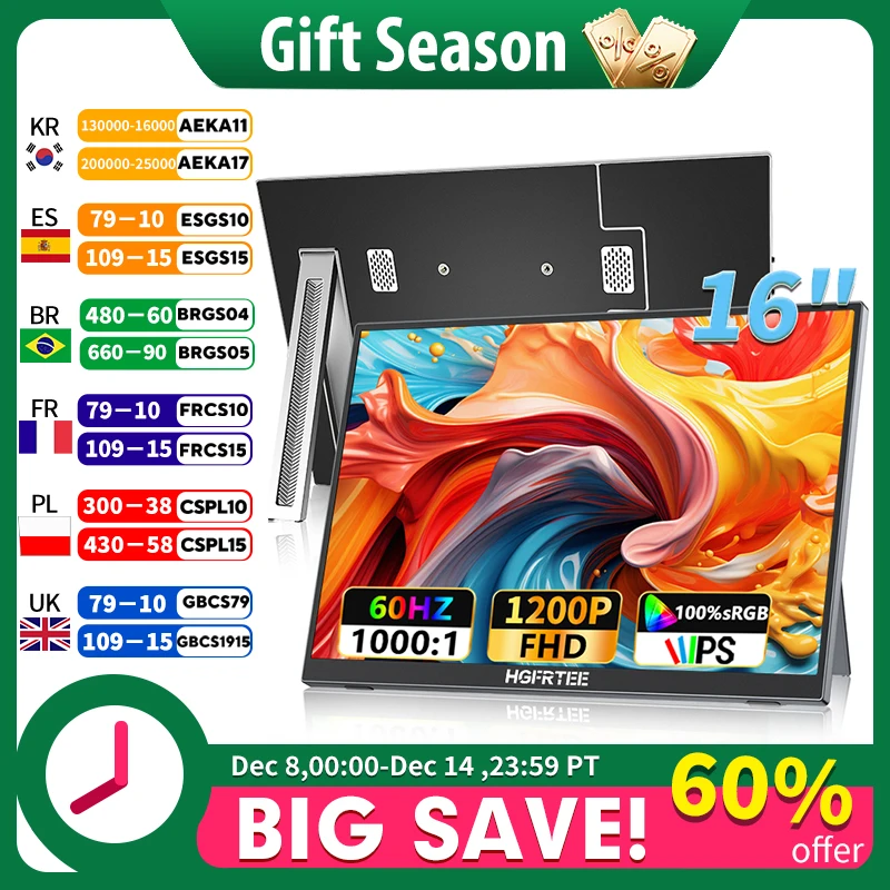 HGFRTEE 16" Portable Monitor 100%SRGB 1200P FHP IPS for Laptop Mac Surface PC PS4/PS5 Xbox Built-in Speakers VESA Mountable
HGFRTEE 16" Portable Monitor 100%SRGB 1200P FHP IPS for Laptop Mac Surface PC PS4/PS5 Xbox Built-in Speakers VESA Mountable