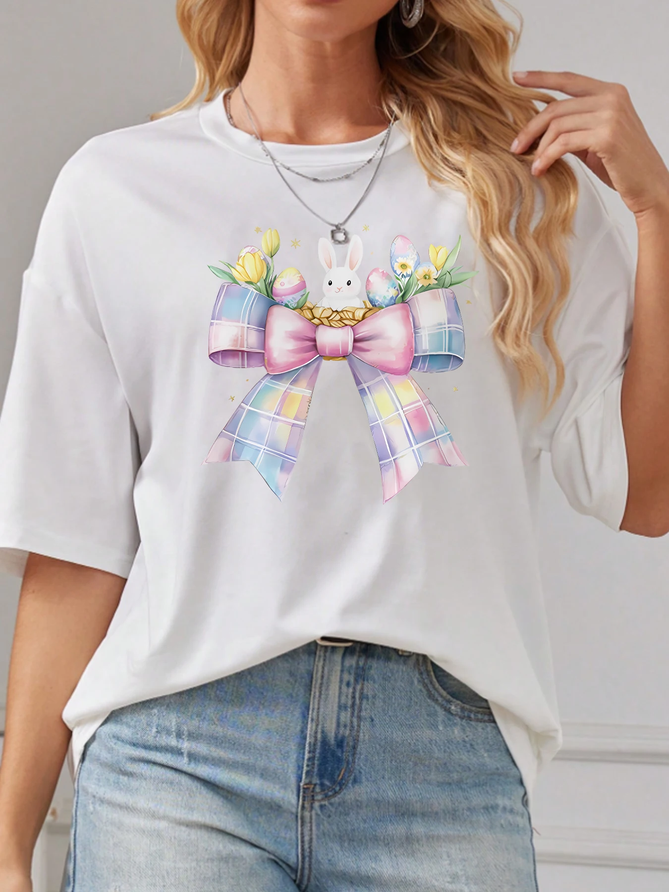 Colored Bunny Bunny Bow Pattern Round Neck Plus Size Women T-shirt Short Sleeve Trend Printing Elastic Half Sleeve T-shirt
Colored Bunny Bunny Bow Pattern Round Neck Plus Size Women T-shirt Short Sleeve Trend Printing Elastic Half Sleeve T-shirt
