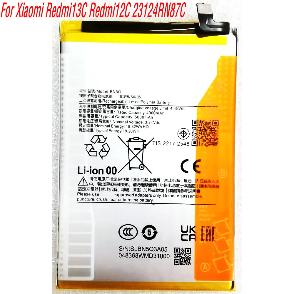 3.84V 5000mAh New BN5Q High Capacity Battery For Xiaomi Redmi 13C 13R 23124RN87C 5G Mobile Phone
3.84V 5000mAh New BN5Q High Capacity Battery For Xiaomi Redmi 13C 13R 23124RN87C 5G Mobile Phone