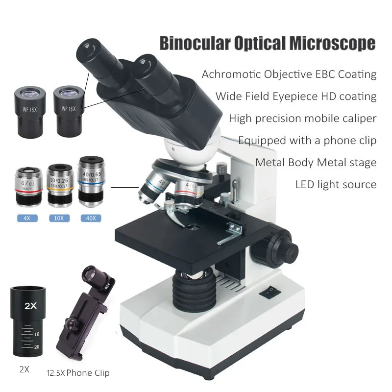 Binocular Microscope HD Optical Lens Coating Wide Field Eyepiece LED 2000X Optional Real Magnification without False Markings