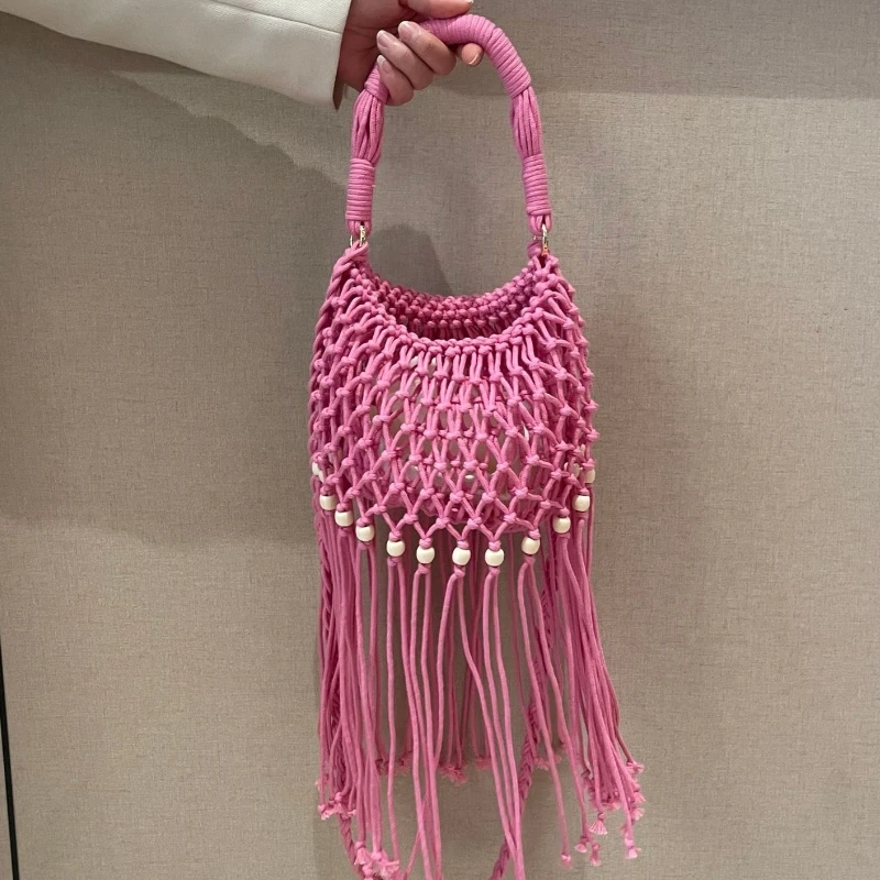 Fashionable Cotton Rope Woven Hollow Out Design Women's Shoulder Bag Fashionable Mesh Beaded Long Tassel Summer Beach Bag
Fashionable Cotton Rope Woven Hollow Out Design Women's Shoulder Bag Fashionable Mesh Beaded Long Tassel Summer Beach Bag