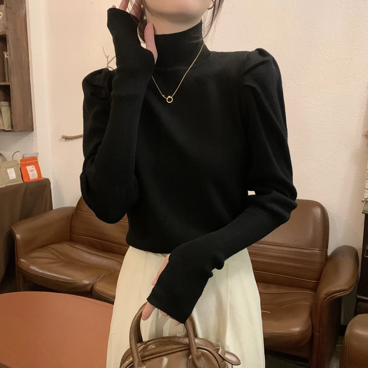 Women Bubble Sleeve Sweater Korean Half High Neck Soft Loose Knit Top Autumn Winter
Women Bubble Sleeve Sweater Korean Half High Neck Soft Loose Knit Top Autumn Winter