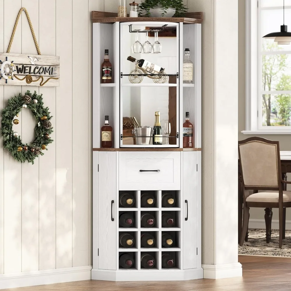Corner Bar Cabinet, Farmhouse Wine Cabinet with Rotating Liquor Shelves, China Cabinet with Wine Rack & Glass Holder for Dining
Corner Bar Cabinet, Farmhouse Wine Cabinet with Rotating Liquor Shelves, China Cabinet with Wine Rack & Glass Holder for Dining