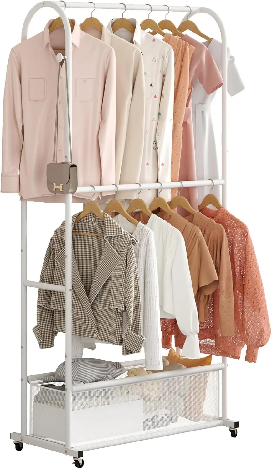 Double Rods Clothing Rack with Wheels,Clothing Organizer for Hanging Clothes Coat Scarves Bags,Multi-functional Bedroom Garment
Double Rods Clothing Rack with Wheels,Clothing Organizer for Hanging Clothes Coat Scarves Bags,Multi-functional Bedroom Garment