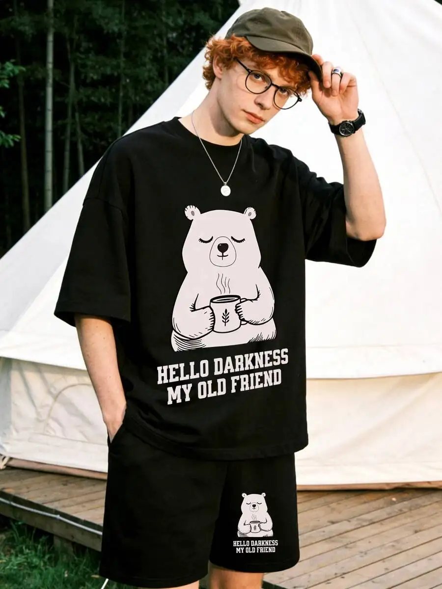 Mens 2-Piece Casual Set Black Short Sleeve T-Shirt And Shorts With Bear Coffee Print
Mens 2-Piece Casual Set Black Short Sleeve T-Shirt And Shorts With Bear Coffee Print