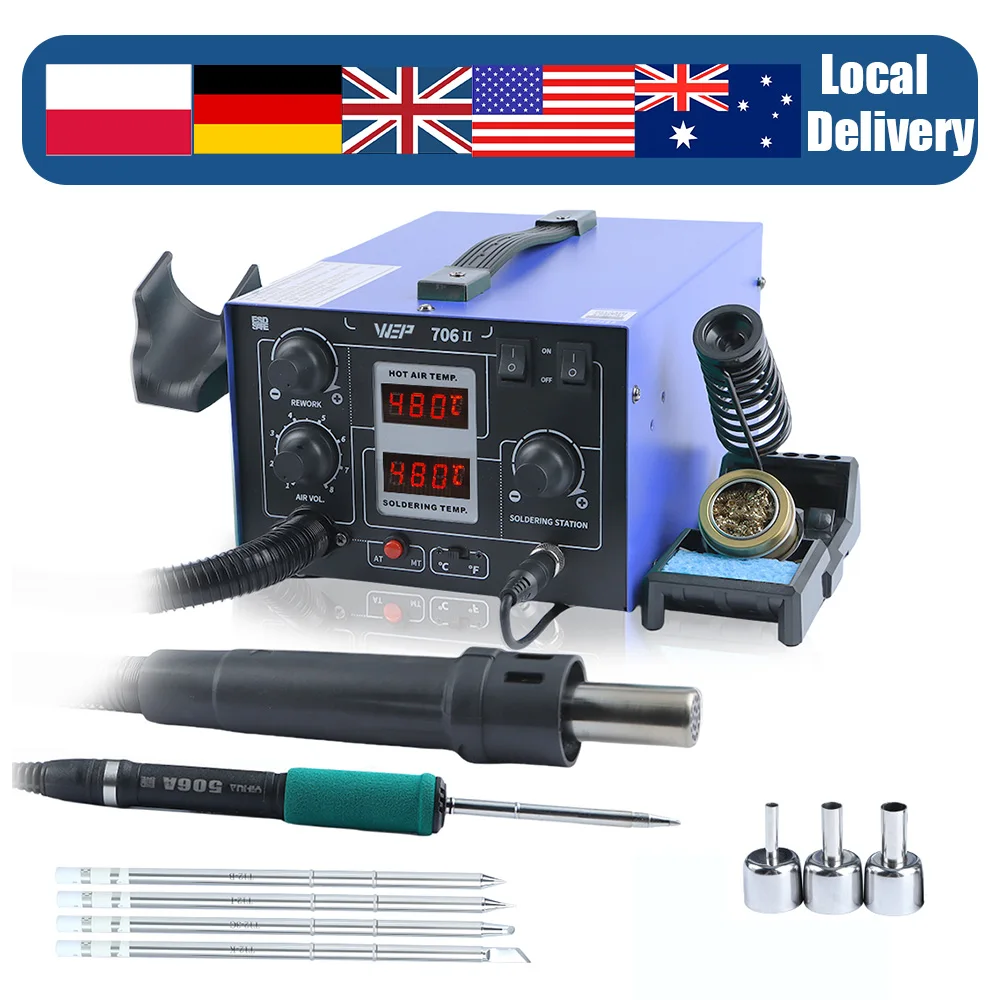 WEP 706-II 740W T12 Soldering Station Fast Heating Adjustable Temperature Solder Iron Hot Air Gun Welding Tools, Local Delivery
WEP 706-II 740W T12 Soldering Station Fast Heating Adjustable Temperature Solder Iron Hot Air Gun Welding Tools, Local Delivery