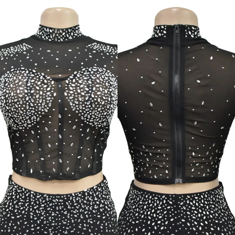 Trendy Solid Color Round Neck Top Sexy Perspective Mesh Hot Diamond Pants Two Piece Set New Fashion Women's Shiny Decoration Set
Trendy Solid Color Round Neck Top Sexy Perspective Mesh Hot Diamond Pants Two Piece Set New Fashion Women's Shiny Decoration Set