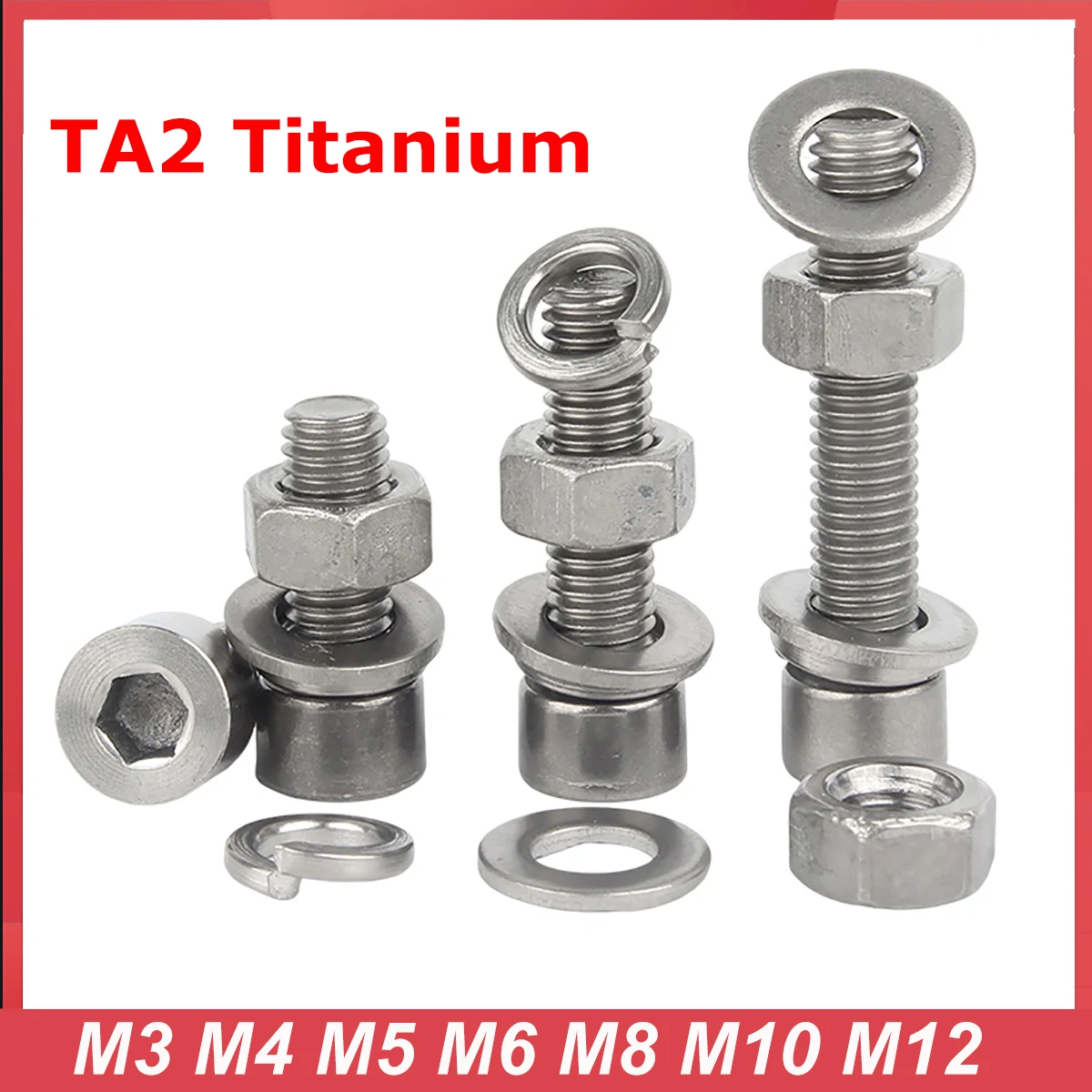 4 In1 Set Pure TA2 Titanium M3 M4 M5 M6 M8 M10 M12 Hex Socket Head Cap Screw Nut Flat Washer Spring Washer Combination Bolt
4 In1 Set Pure TA2 Titanium M3 M4 M5 M6 M8 M10 M12 Hex Socket Head Cap Screw Nut Flat Washer Spring Washer Combination Bolt
