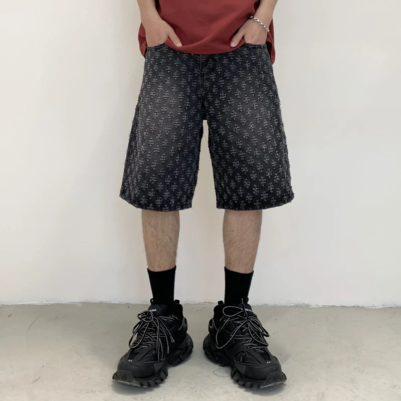 Summer Black Jacquard Jeans Short For Men Ripped Holes Knee Length Denim Casual Wide Leg Pants
Summer Black Jacquard Jeans Short For Men Ripped Holes Knee Length Denim Casual Wide Leg Pants