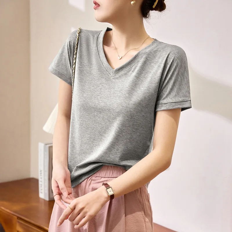 Lyocell cotton loose fit slimming white short sleeved t-shirt women's summer V-neck top
Lyocell cotton loose fit slimming white short sleeved t-shirt women's summer V-neck top