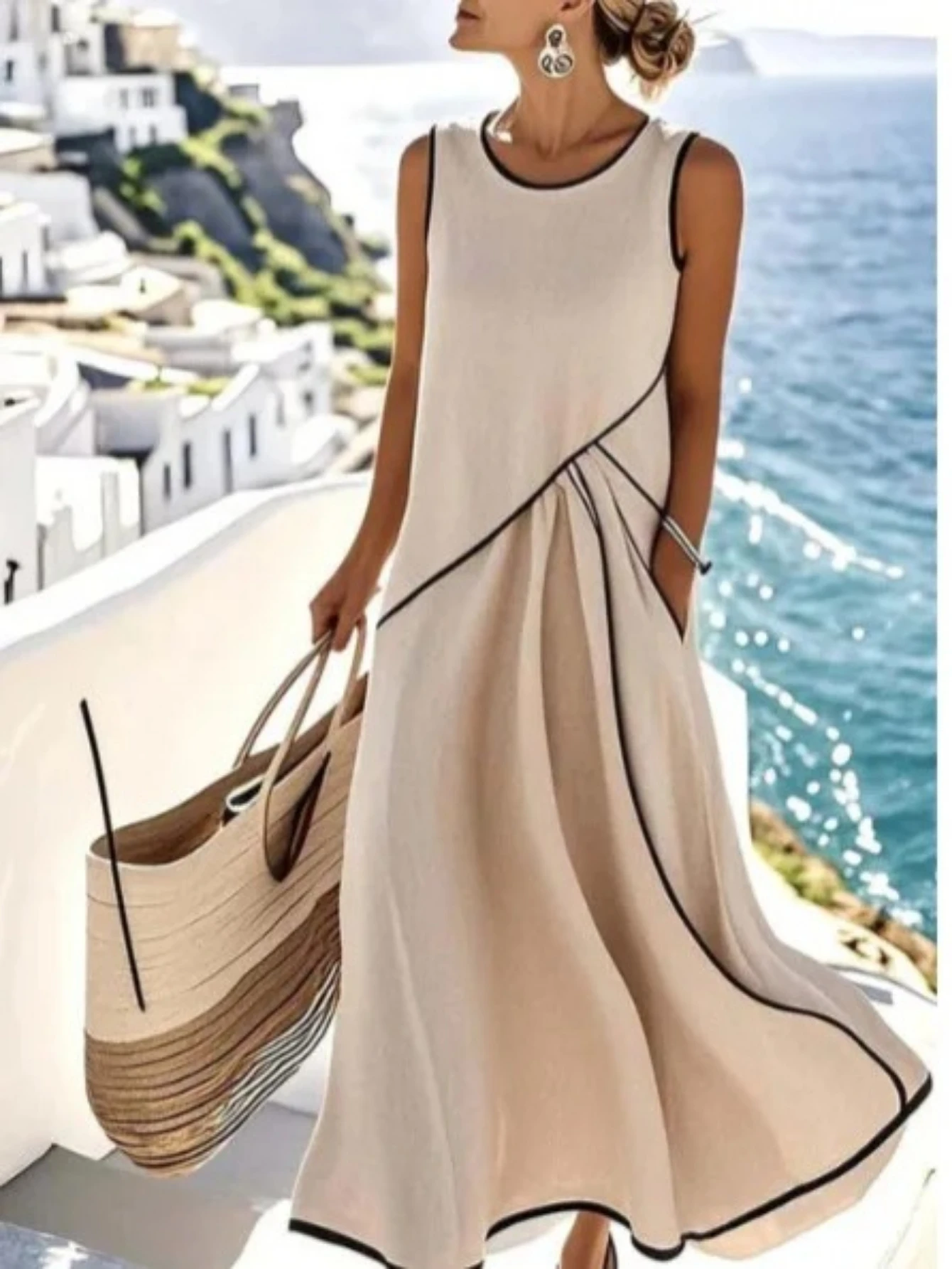 Cross-Over Neck Sleeveless Loose Slimming Long Dress Color Block Skirt Polyester High Waist British Style Summer Dress
Cross-Over Neck Sleeveless Loose Slimming Long Dress Color Block Skirt Polyester High Waist British Style Summer Dress